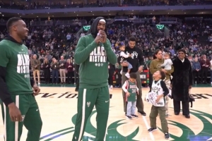 波蒂斯赛前祝贺字母哥连续第10次进入全明星 字母哥携家人到场